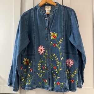 Vintage April Cornell Denim Shirt Jacket Embroidered Floral Button Up Large